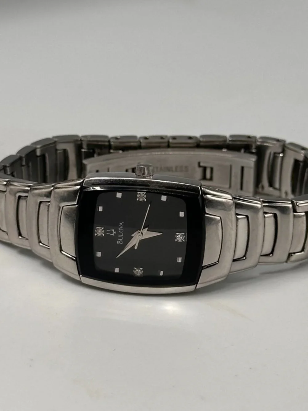 Bulova Watch Women Silver Tone Black Dial 96P15 New Battery 6.75